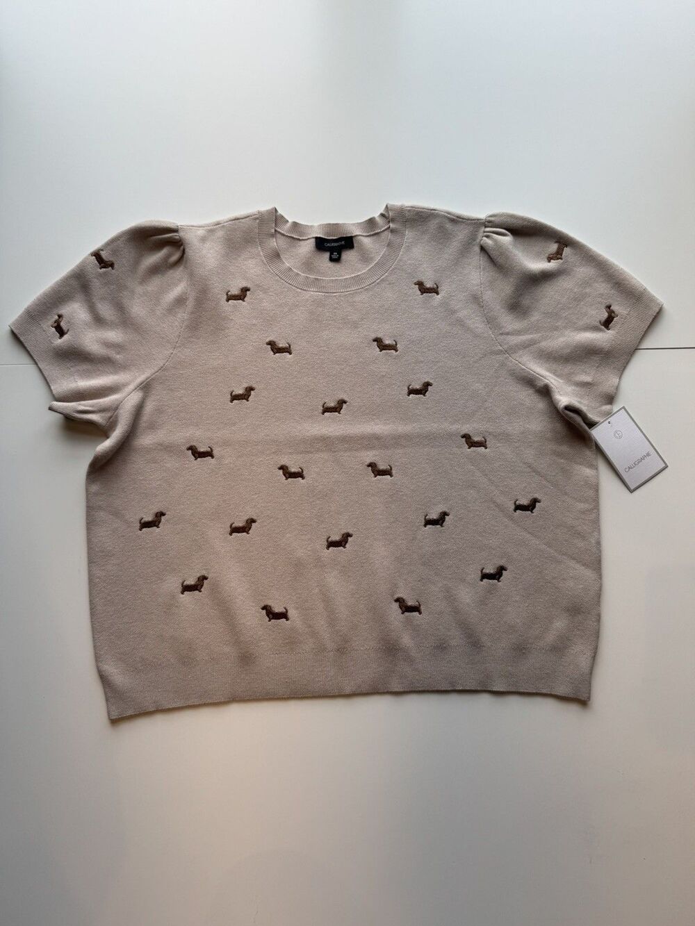 Anthropologie Calligraphie Beige Dachshund Dog Puff Short Sleeve Sweater 3X